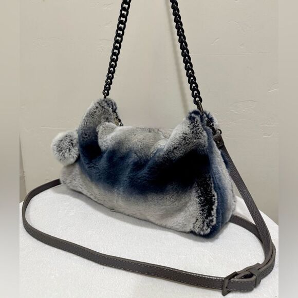 Gray Gradient Real Rex Rabbit Fur Soft Slouchy Bag/Crossbody & Fur Balls Charm - Picture 7 of 17